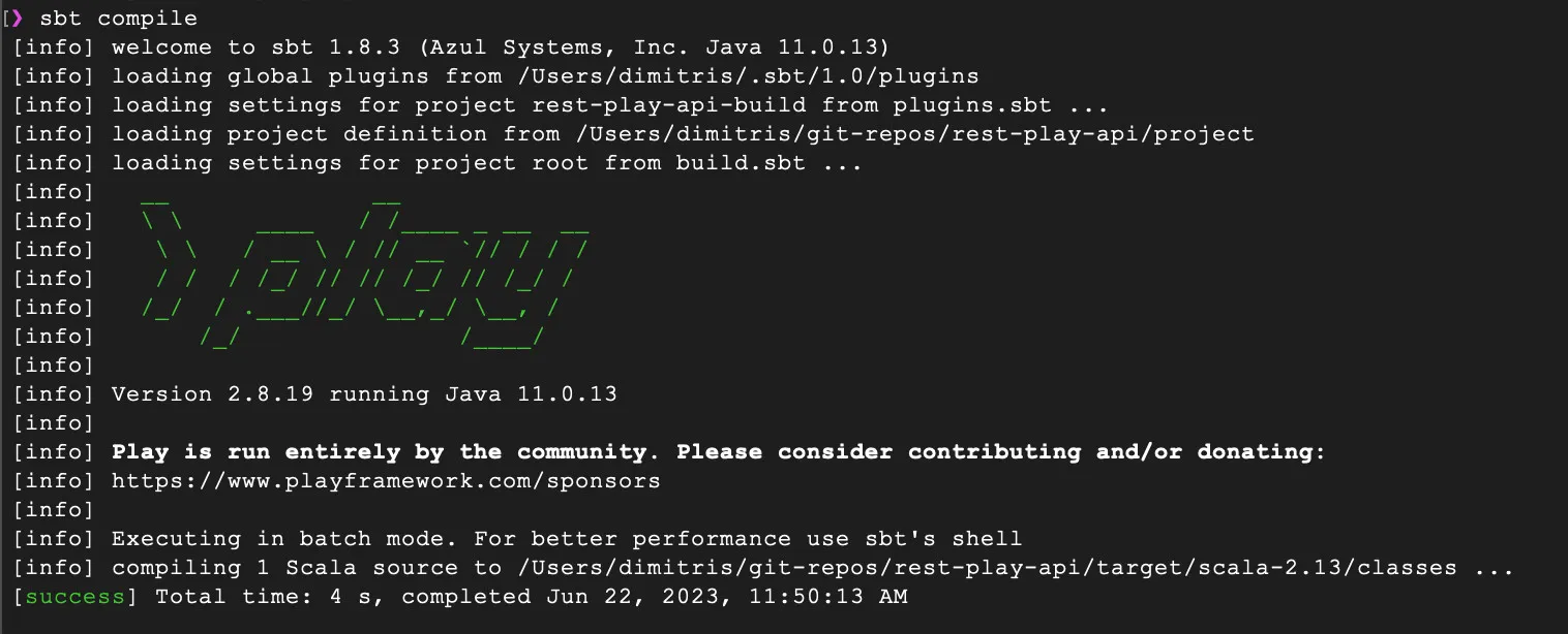 Terminal results of running sbt compile showing the Play framework logo and version number