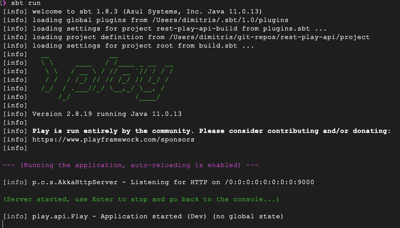 Terminal results of running sbt compile showing the Play framework logo and version number and running the application