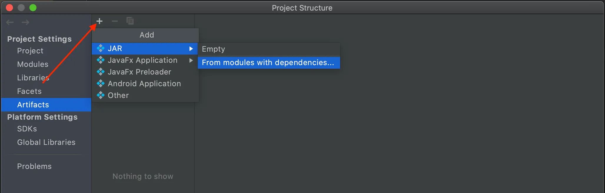 Step 1: Selecting JAR artifact creation from modules with dependencies